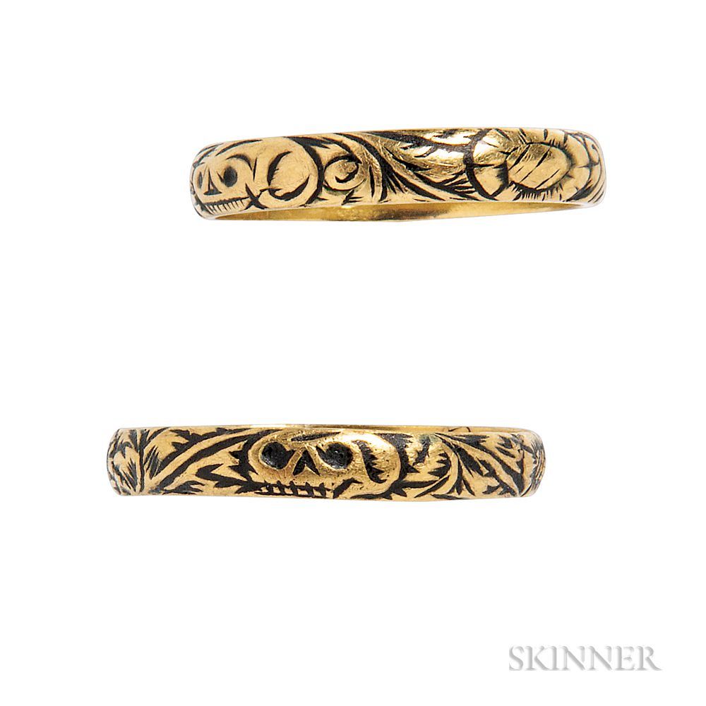 Appraisal: Two Gold and Black Enamel Memento Mori Rings Two Gold