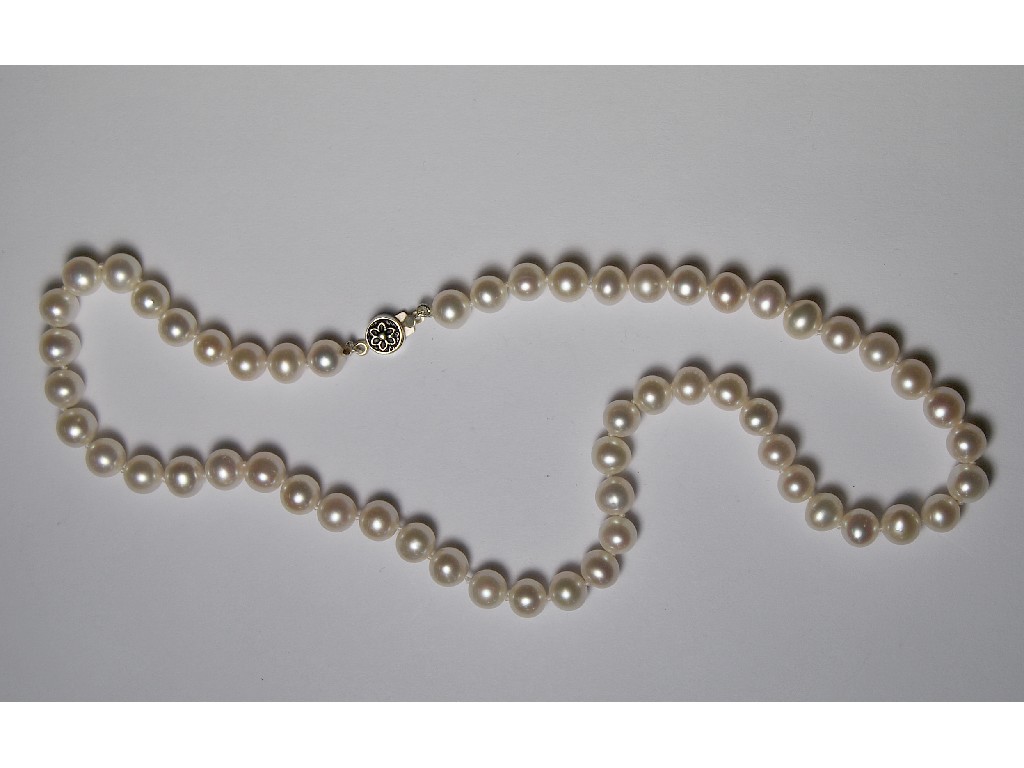 Appraisal: Single row of uniform cultured pearls knotted throughout with white