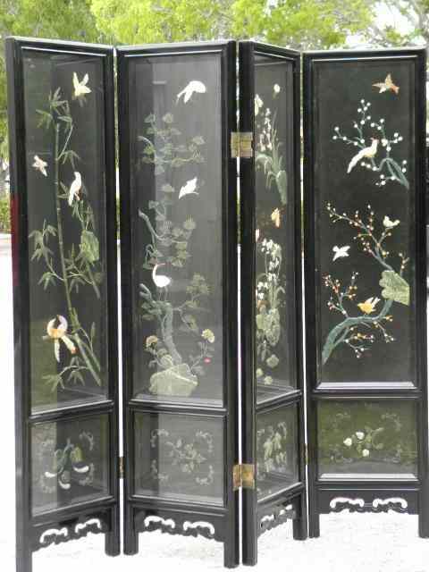 Appraisal: Chinese black lacquer and applied carved hardstone four panel screen