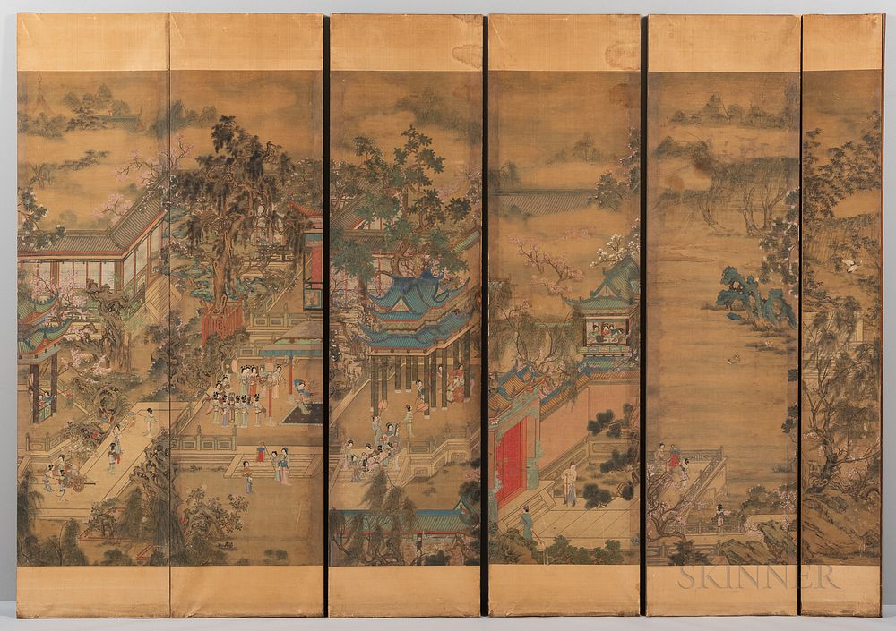 Appraisal: Six Hanging Scroll Panels Depicting a Banquet Scene Six Hanging