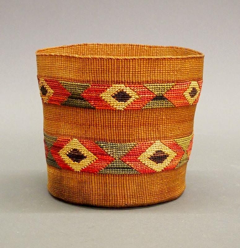 Appraisal: Tlingit polychrome basket A circa Tlingit polychrome twined basket Composed