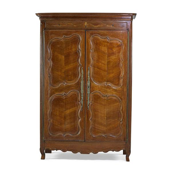 Appraisal: LOUIS XV ARMOIRE Cherry and marquetry with two paneled doors