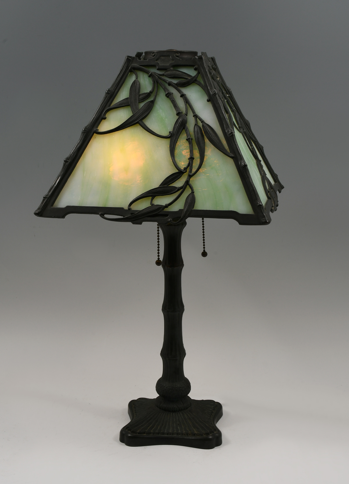 Appraisal: HANDEL SLAG GLASS BRONZE BAMBOO TABLE LAMP Green slag glass