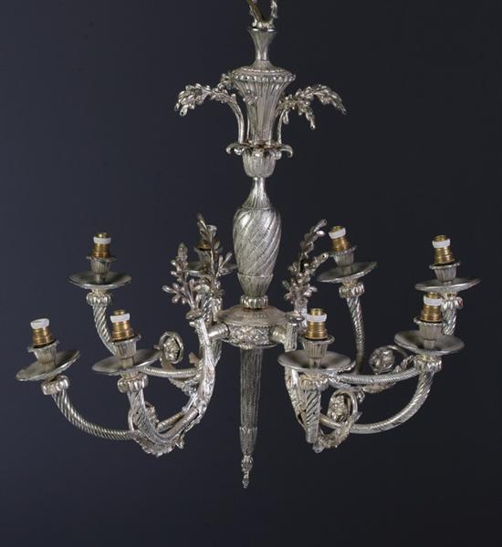 Appraisal: NEOCLASSICAL STYLE SILVER METAL EIGHT LIGHT CHANDELIER early th century