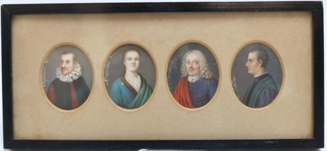 Appraisal: FOUR PORTRAIT MINIATURE PAINTINGS IN THE SAMEFRAME DEPICTING THREE MEN