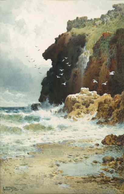 Appraisal: ARTHUR SUKER - Waves crashing against cliffs signed lower left