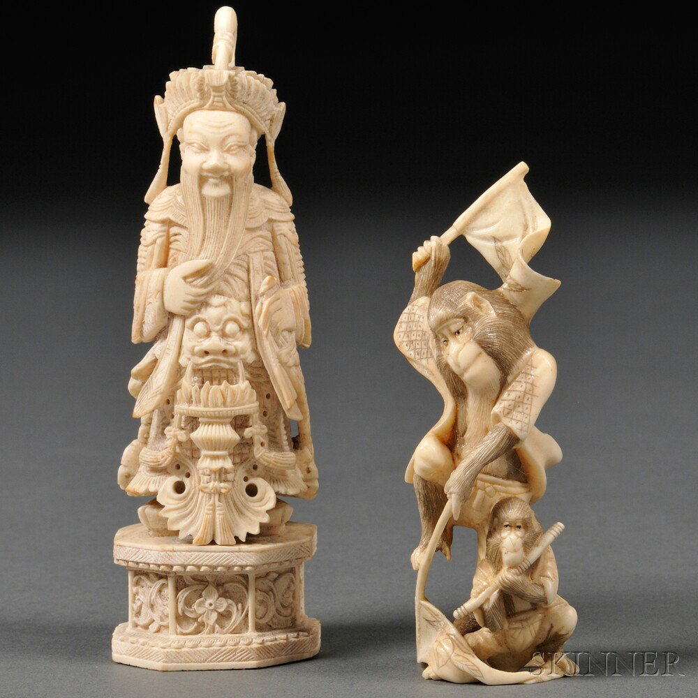 Appraisal: Two Ivory Okimonos Asia th th century one depicting two