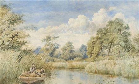 Appraisal: CHARLES HARMONY HARRISON - FISHERMEN ON THE BROADS Watercolour and