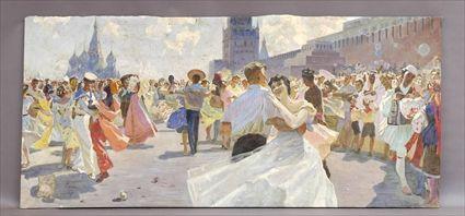 Appraisal: RUSSIAN SCHOOL FESTIVAL IN RED SQUARE Oil on canvas on