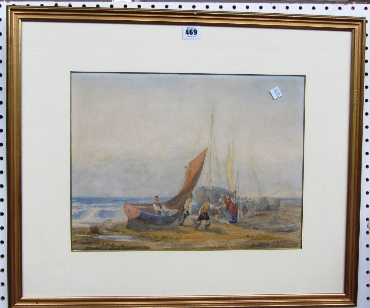 Appraisal: William Howes Hunt - Fisherfolk and beached boats watercolour cm