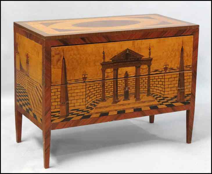 Appraisal: ITALIAN TWO DRAWER CHEST With marquetry and parquetry inlay H