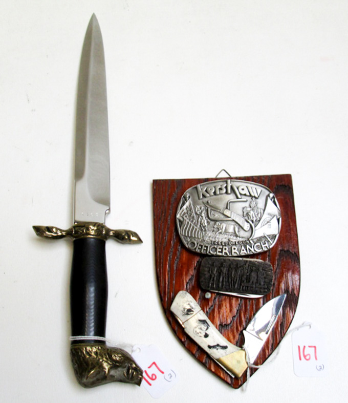 Appraisal: FOUR COLLECTABLE KERSHAW ITEMS Golden Boar knife with double sided