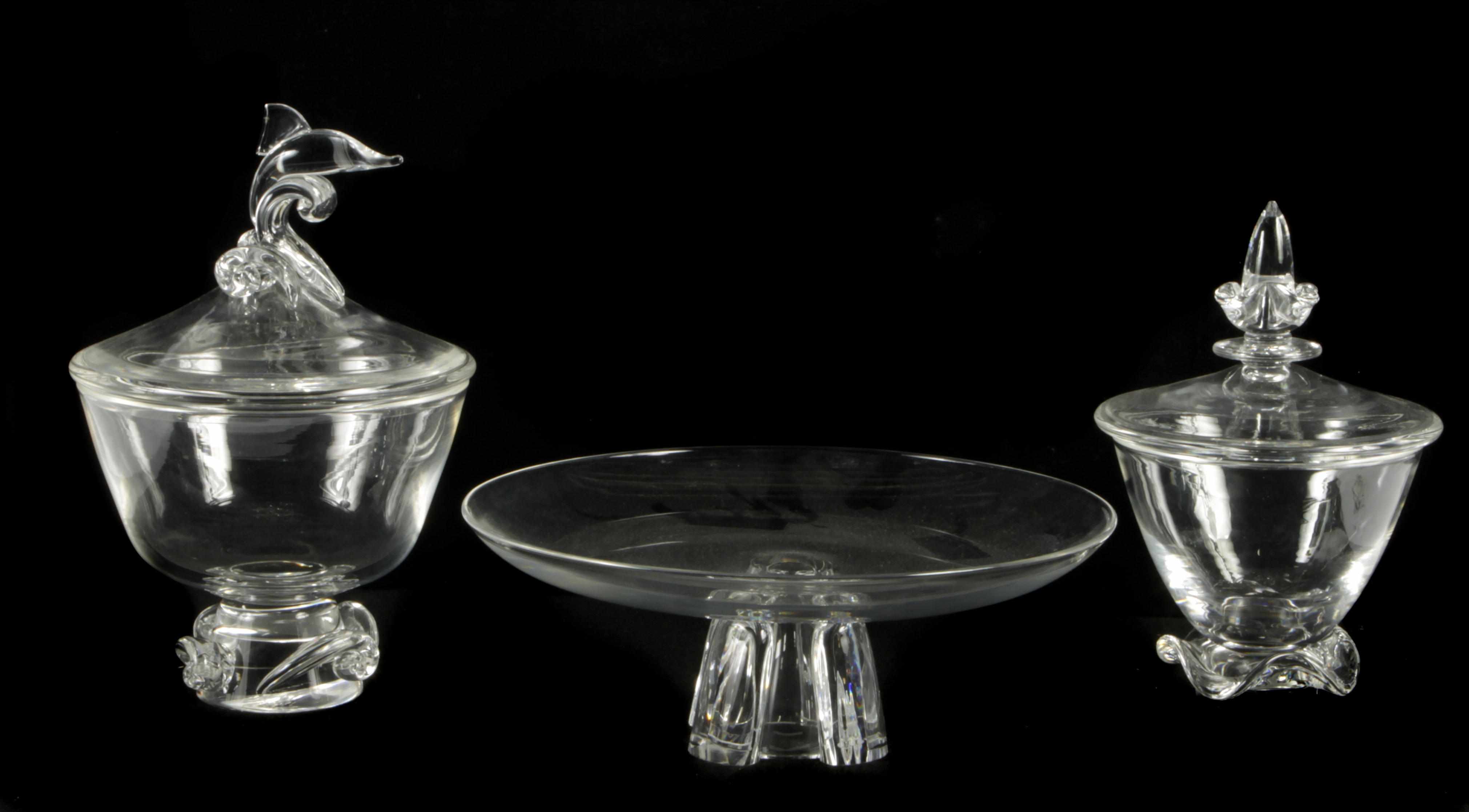 Appraisal: Three Steuben glass vessels comprising a covered centerpiece OX a