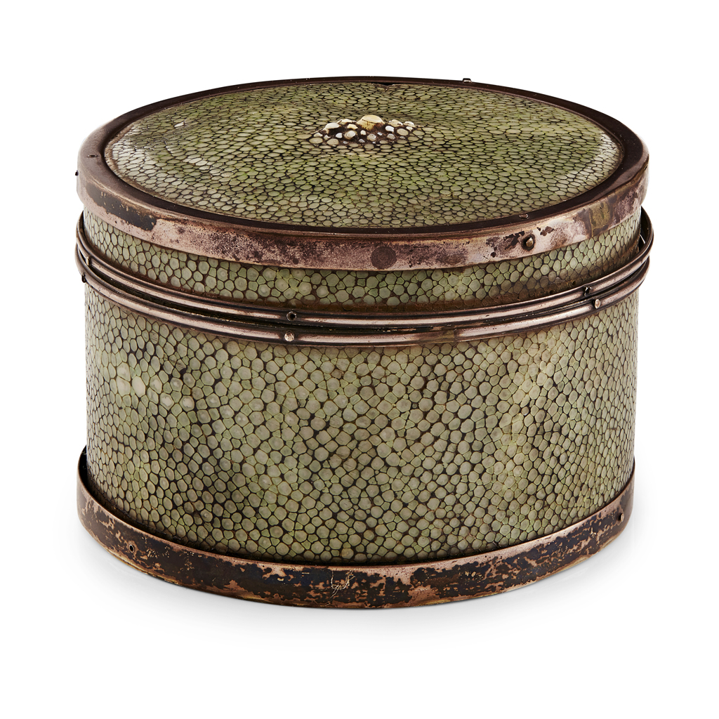 Appraisal: ATTRIBUTED TO JOHN PAUL COOPER WHITE METAL MOUNTED SHAGREEN BOX