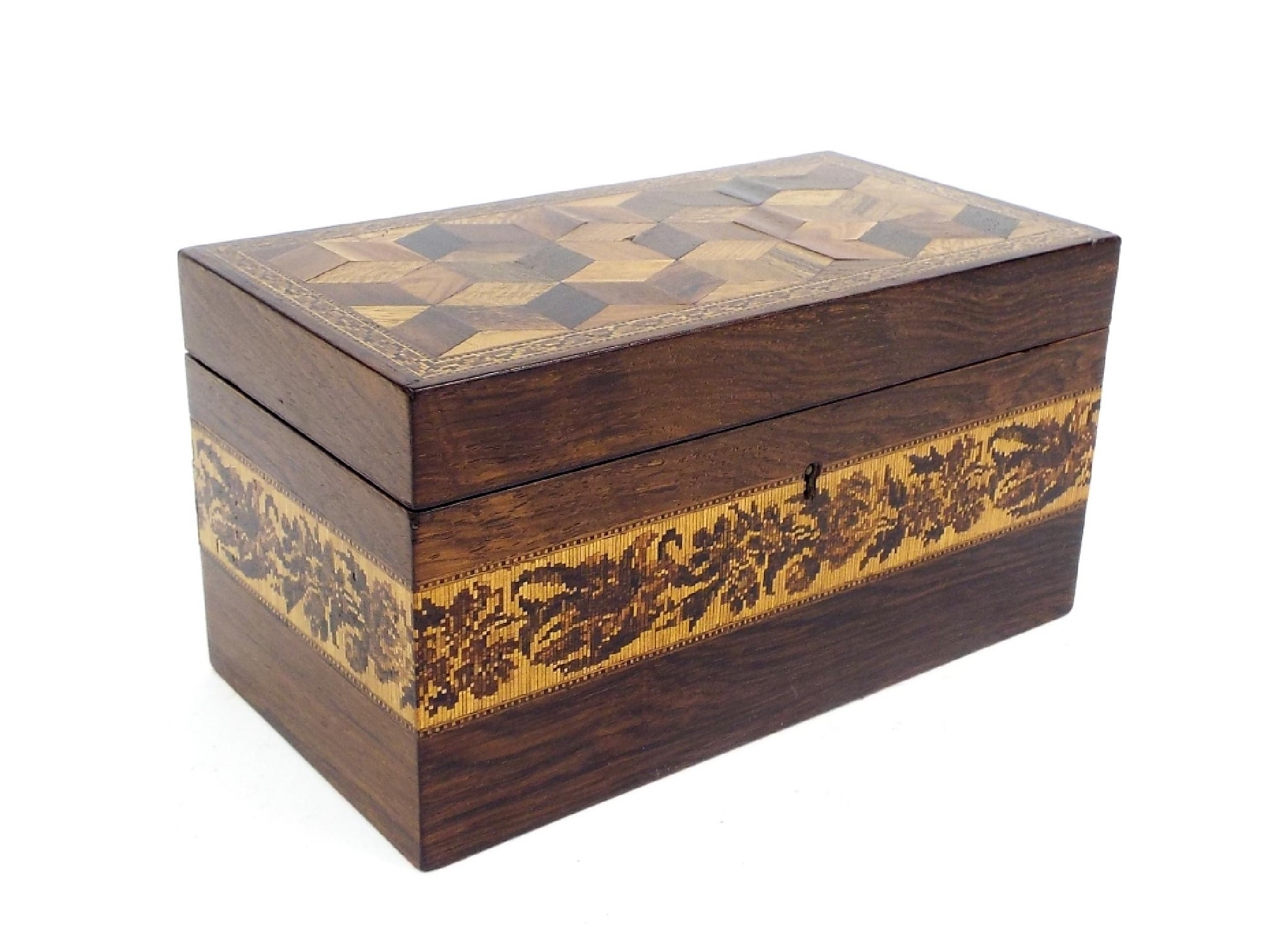 Appraisal: Tunbridge ware parquetry and rosewood tea caddy the hinged lid