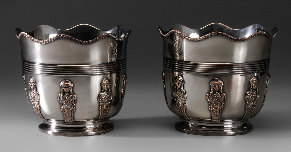 Appraisal: Pair Silver-Plated Wine Coolers English th century gadroon and scalloped