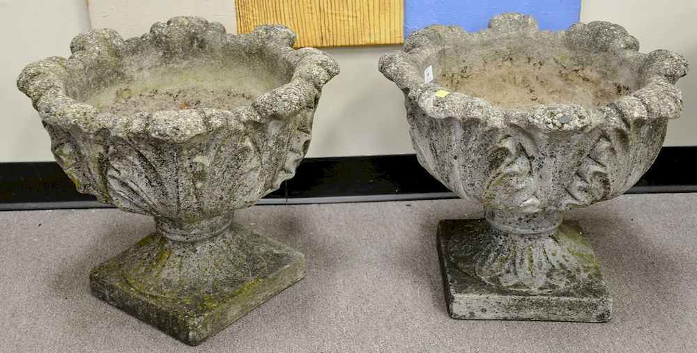 Appraisal: Pair of cement urns on square bases ht in dia