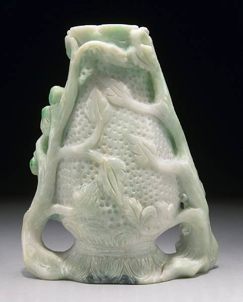 Appraisal: Jadeite Vase Burma Carved of whitish jadeite bearing bright apple