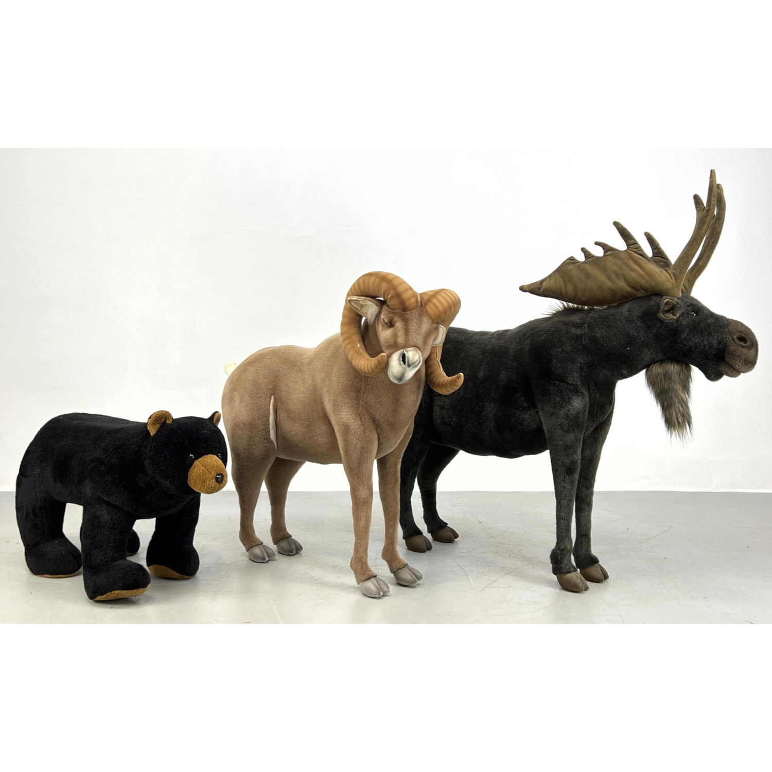 Appraisal: pc HANSA Plush Animal sculptures Stuffed animals Moose Ram Bear