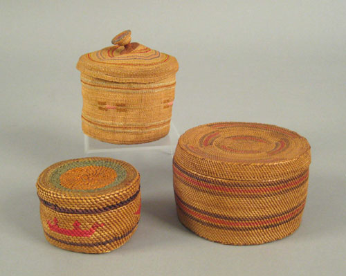 Appraisal: Three Northwest Coast twined and polychrome decorated lidded baskets ca