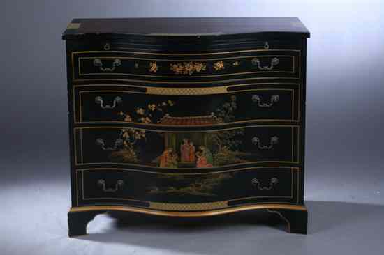 Appraisal: GEORGIAN STYLE BLACK-LACQUERED AND GILT-DECORATED SERPENTINE-FRONT CHEST-OF-DRAWERS Pull out wringing