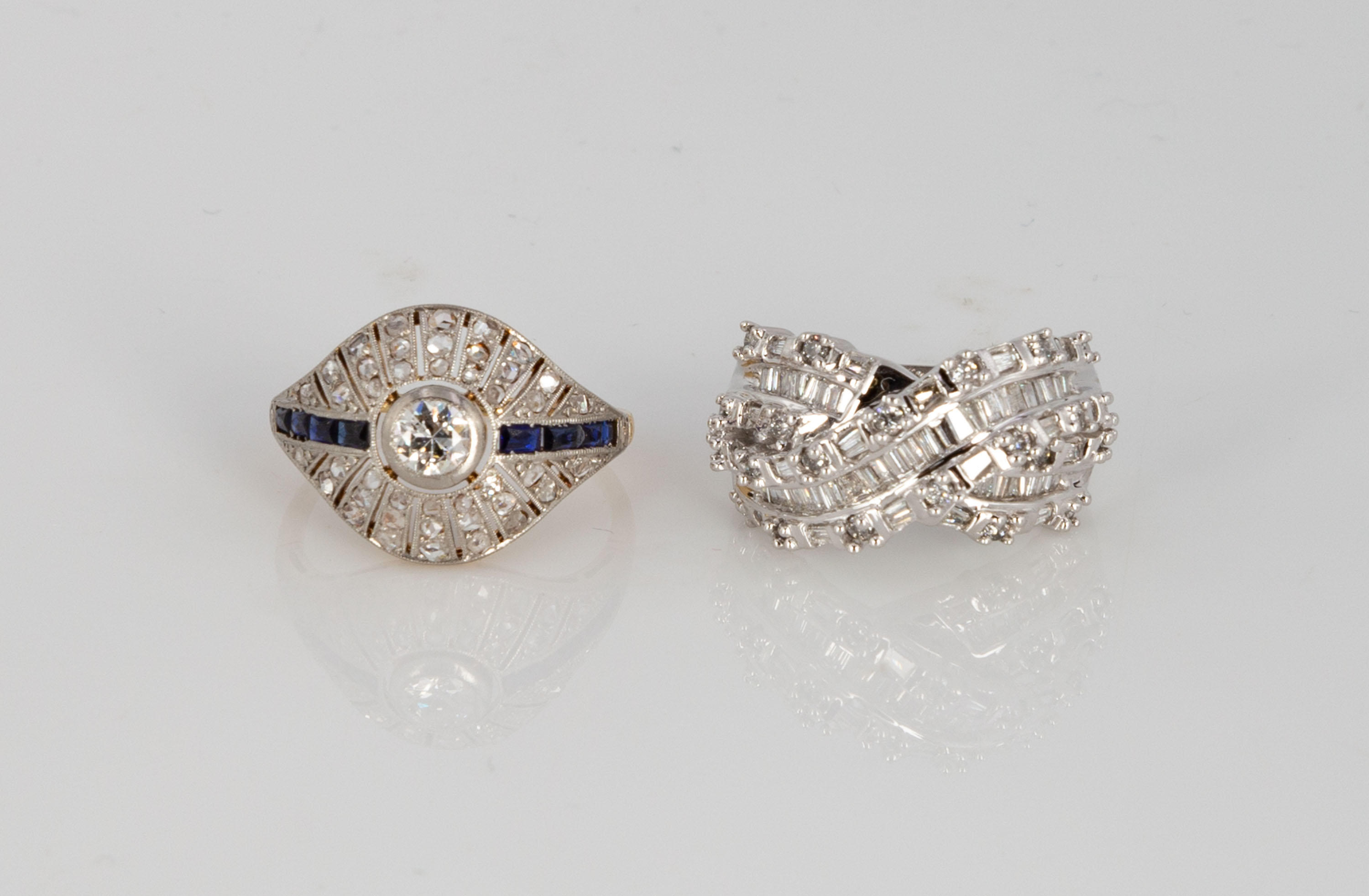 Appraisal: GOLD DIAMOND RINGS Left k Gold diamond and synthetic sapphire