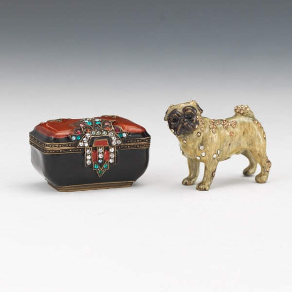 Appraisal: TWO JAY STRONGWATER MINIATURE SCULPTURES PUG AND TREASURE CHEST Elegant