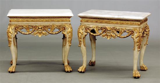 Appraisal: Pair Continental marbletop carved giltwood console tables rectangular molded beige