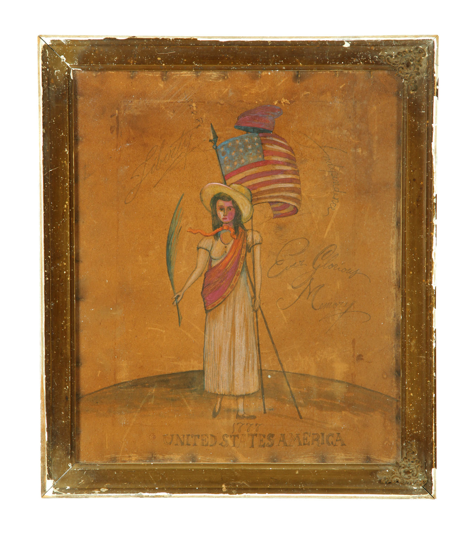 Appraisal: FOLKSY PORTRAIT OF GIRL WITH FLAG AMERICAN SCHOOL EARLY TH