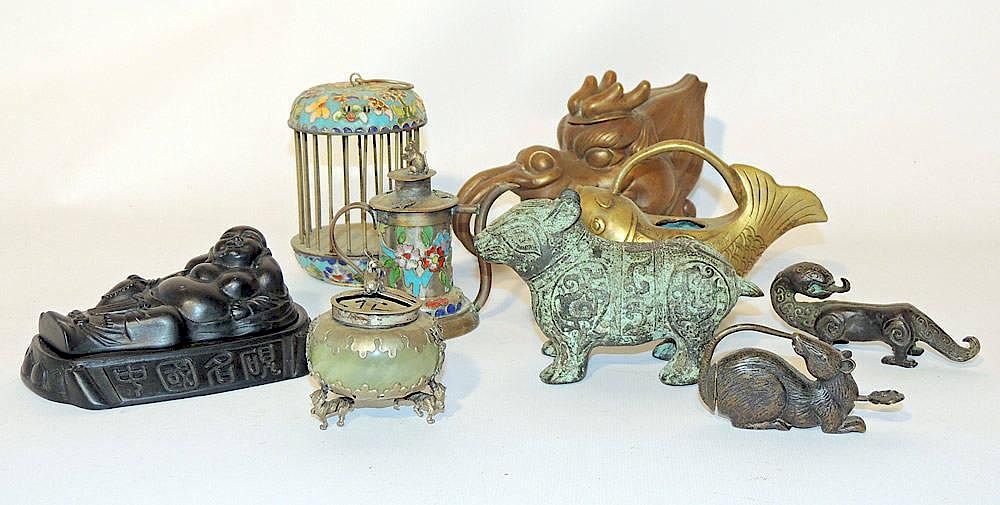 Appraisal: Assembled Grouping of Nine Chinese Tablewares Bronze and cloisonn Dragon