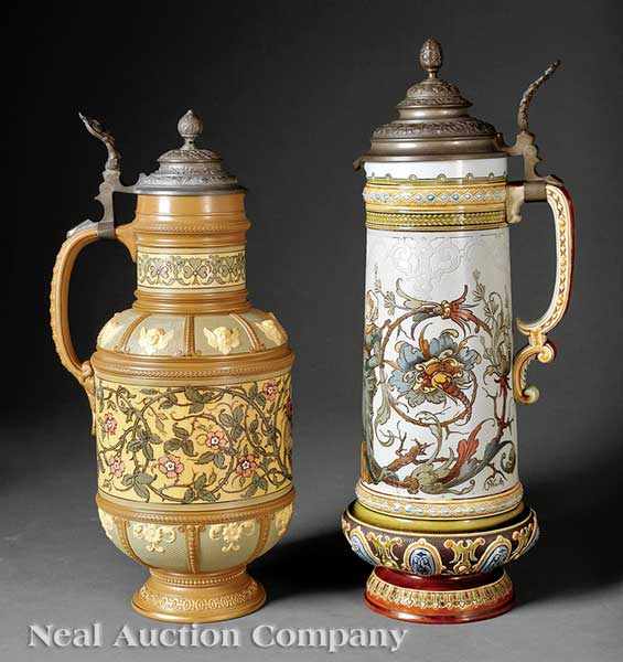 Appraisal: Two Mettlach Polychrome and Pewter Lidded Steins c each with