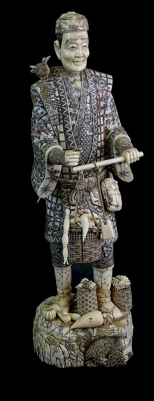 Appraisal: A Large Chinese Export Bone Fisherman Sculpture A Large Chinese