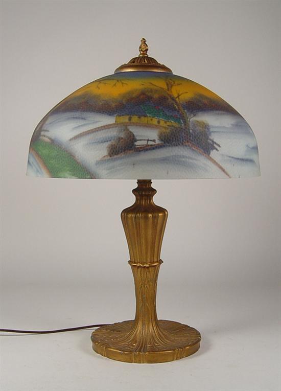 Appraisal: Reverse Painted Table Lamp Circa x shade of winter landscape