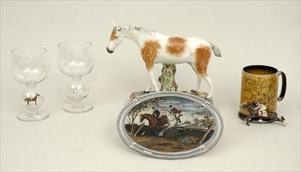 Appraisal: Eight Sporting Articles Including a Staffordshire pottery horse figure reverse-printed