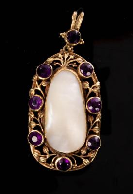 Appraisal: An Arts Crafts amethyst and blister pearl pendant within a