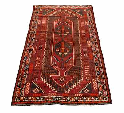 Appraisal: A Shiraz Rug Tight geometric patterns in tomatoe red charcoal