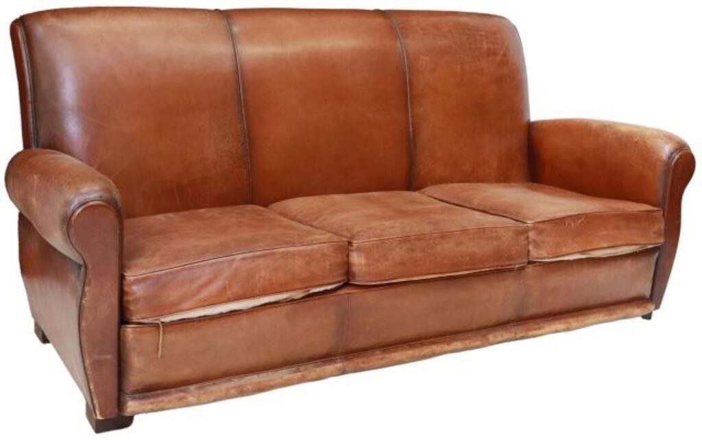 Appraisal: French Art Deco leather three-seat sofa c s having nailhead