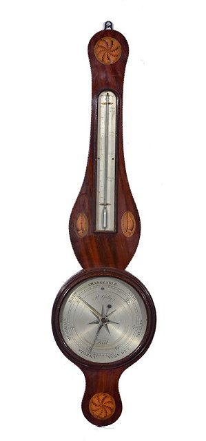 Appraisal: A SHERATON MAHOGANY WHEEL BAROMETER the silvered dial signed P