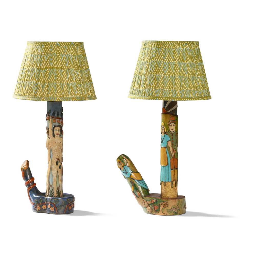 Appraisal: J T BARLOW BIDDULPH PAIR OF FOLK ART TABLE LAMPS