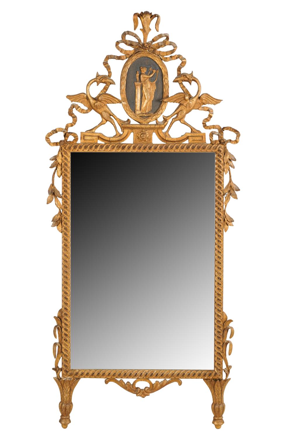 Appraisal: NEOCLASSICAL-STYLE GILTWOOD MIRRORcrested by a green-painted oval medallion carved with