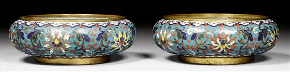 Appraisal: A PAIR OF LOW CLOISONN BOWLS WITH FLOWER DESIGN China