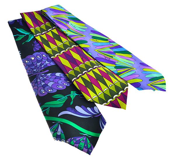 Appraisal: THREE 'S MENS PUCCI TIES Silk in purple and green