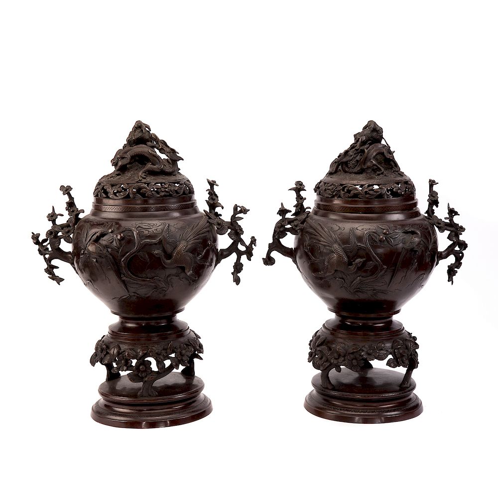 Appraisal: Pair Japanese Bronze Censors late th century lid with pierced