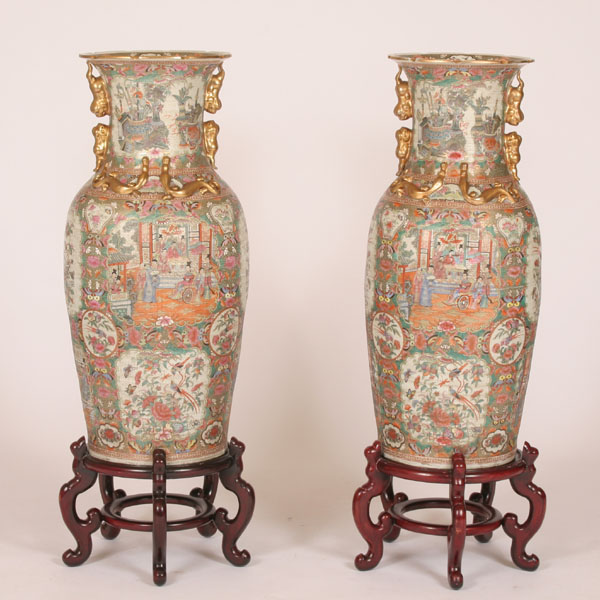 Appraisal: Pair Chinese Famille Rose Medallion th century palace jar urns