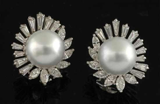 Appraisal: A pair of South Sea pearl and diamond earrings Each