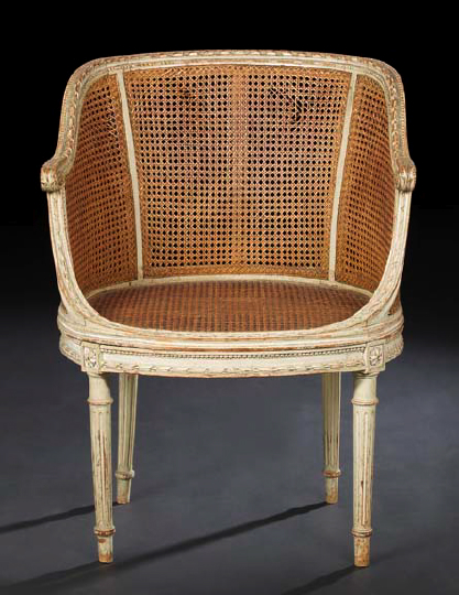 Appraisal: Louis XVI-Style Polychromed Caned Bergere late th century the trisected