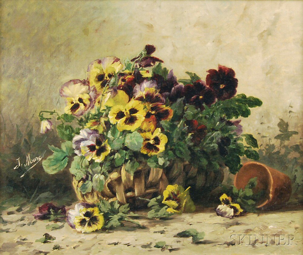 Appraisal: American School th Century Still Life with Basket of Pansies