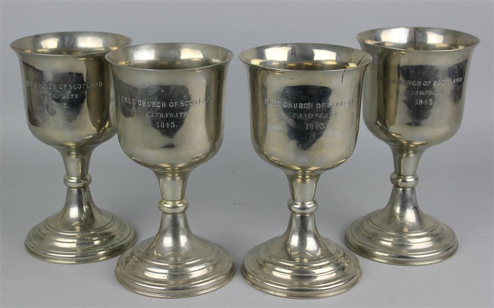 Appraisal: SET OF FOUR ENGLISH SILVERPLATED CHALICES circa each inscribed Free