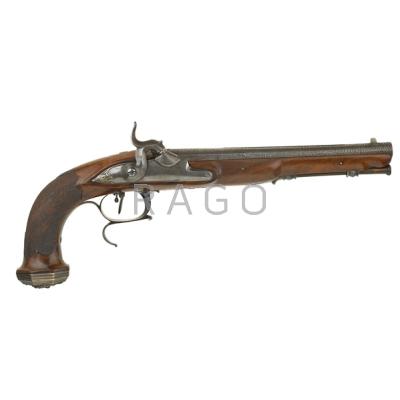 Appraisal: BELGIAN DUELING PISTOL Percussion cap mahogany stock with silver medusa