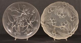 Appraisal: Two Veryls Frosted Colorless Glass Chargers Bird and Cherry Designs